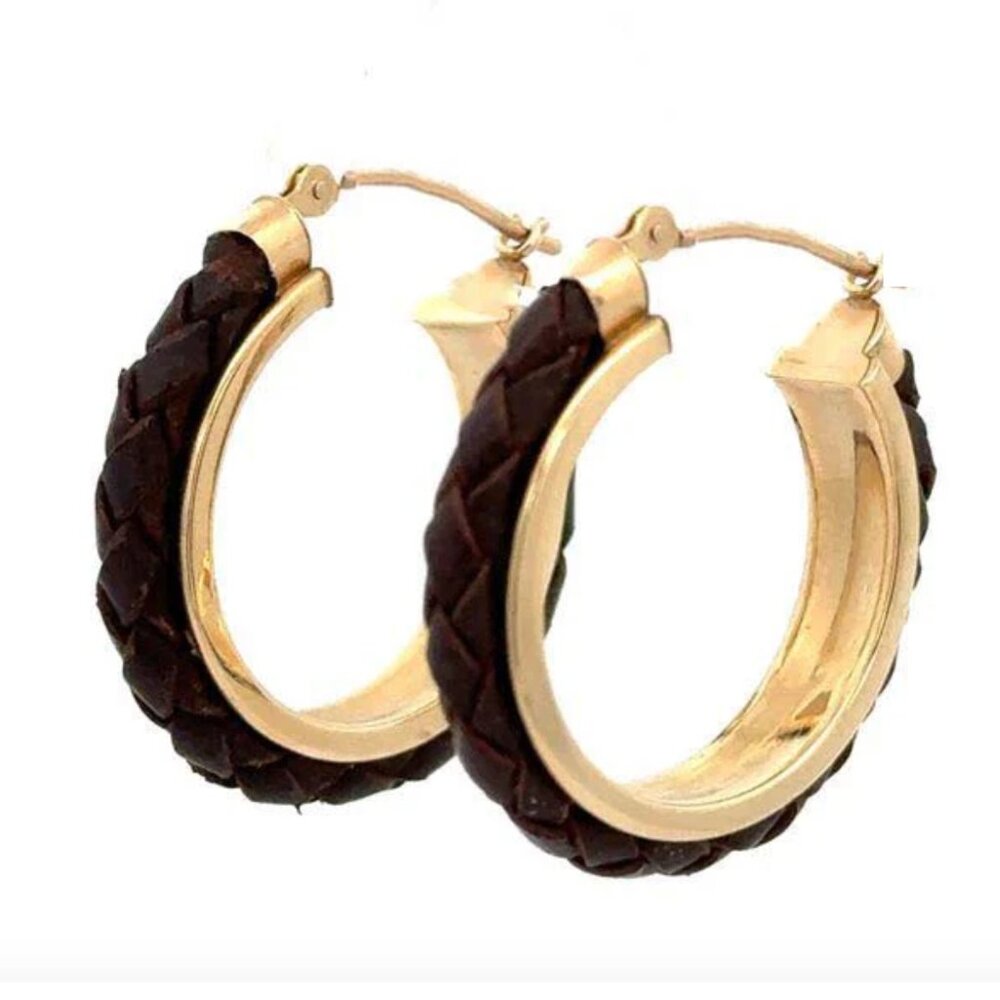 Jacmel JCM 14K Yellow Gold Hoop Earrings W/Braided Leather Accent - 2.3 g